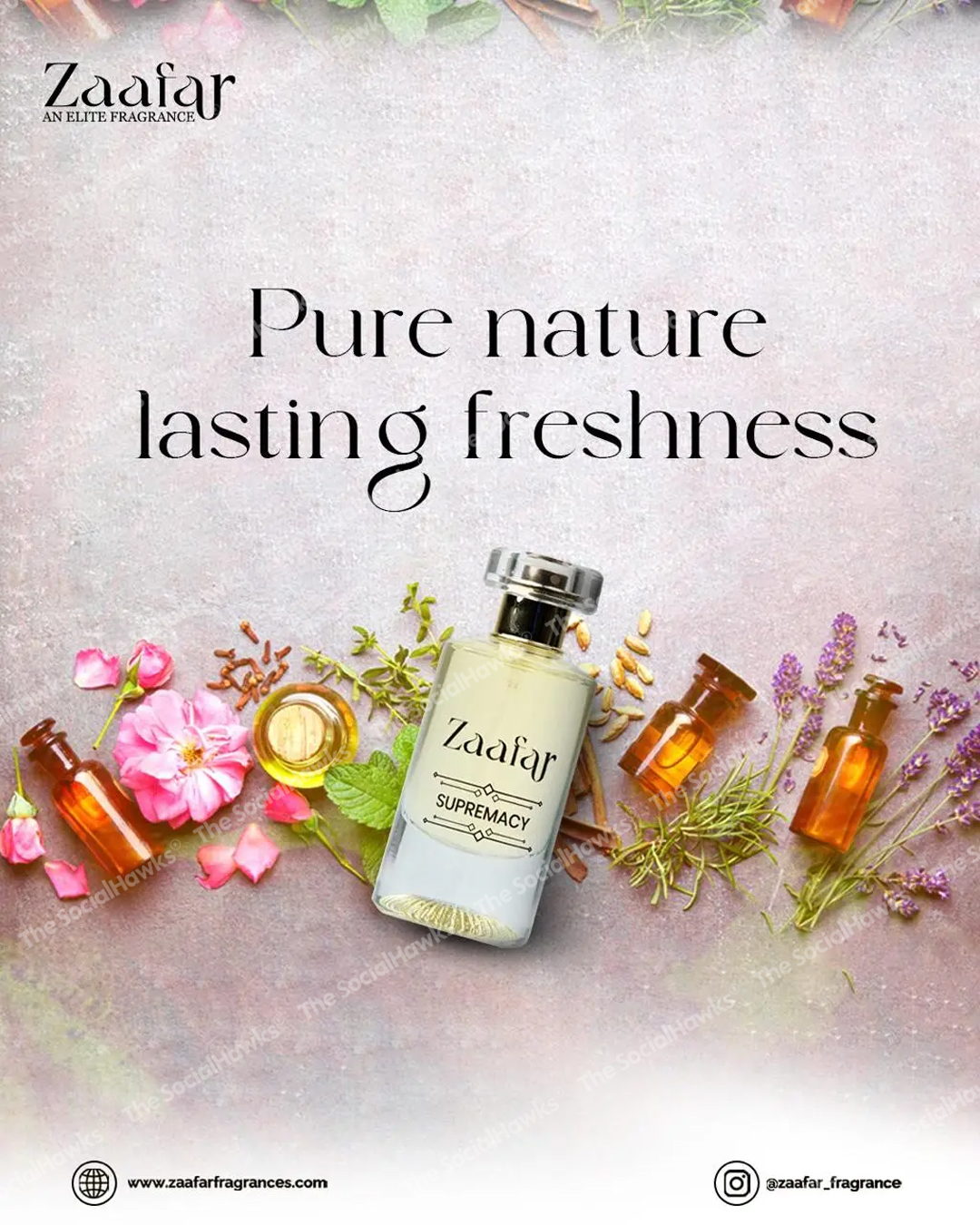Zaafar Supremacy perfume surrounded by flowers and essential oils on pink background